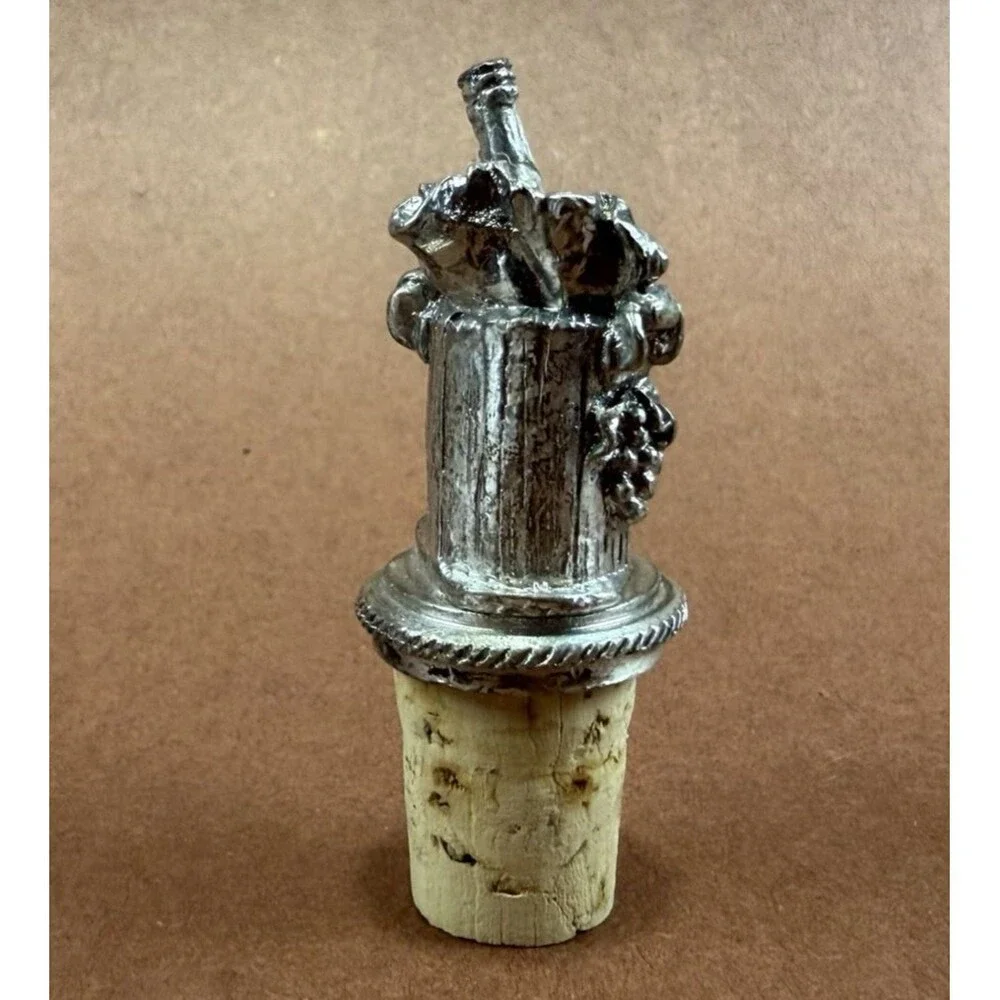 Vintage Etched Pewter W/Cork Wine Bottle in Bucket Bottle Stopper